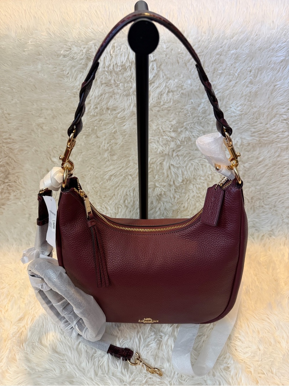 Coach Jules Hobo Bag in Wine Pebbled Leather Snake Trim CP522